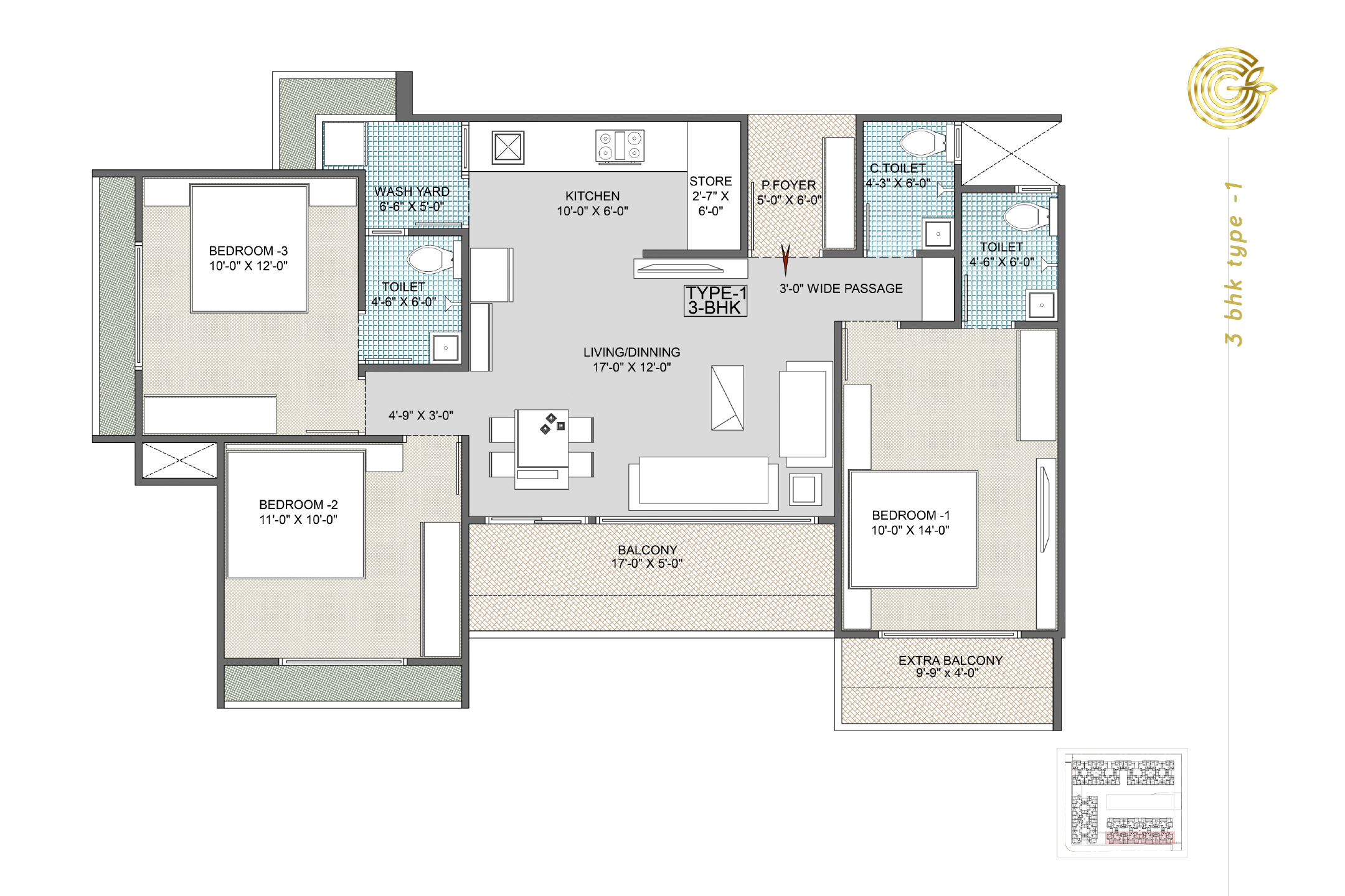 GREENLAND 3BHK Type-1 floor plan